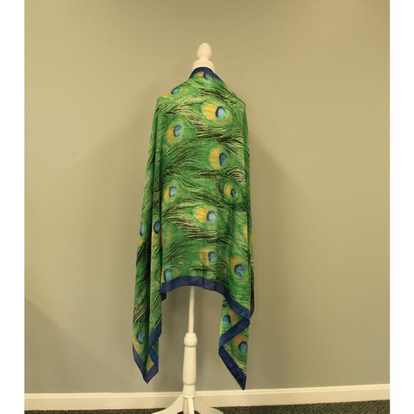 100% Silk Scarf Peacock Feathers Blue Green Beautiful 70x36 - Picture 9 of 9